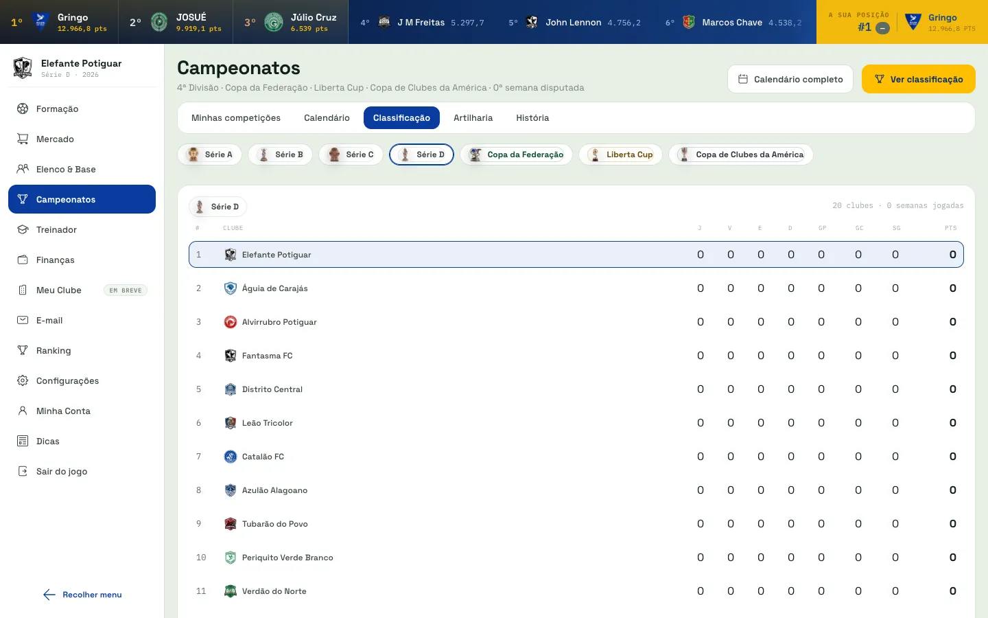Tabela de classificação da Série D no RetroFoot, com os escudos fictícios e os nomes dos clubes