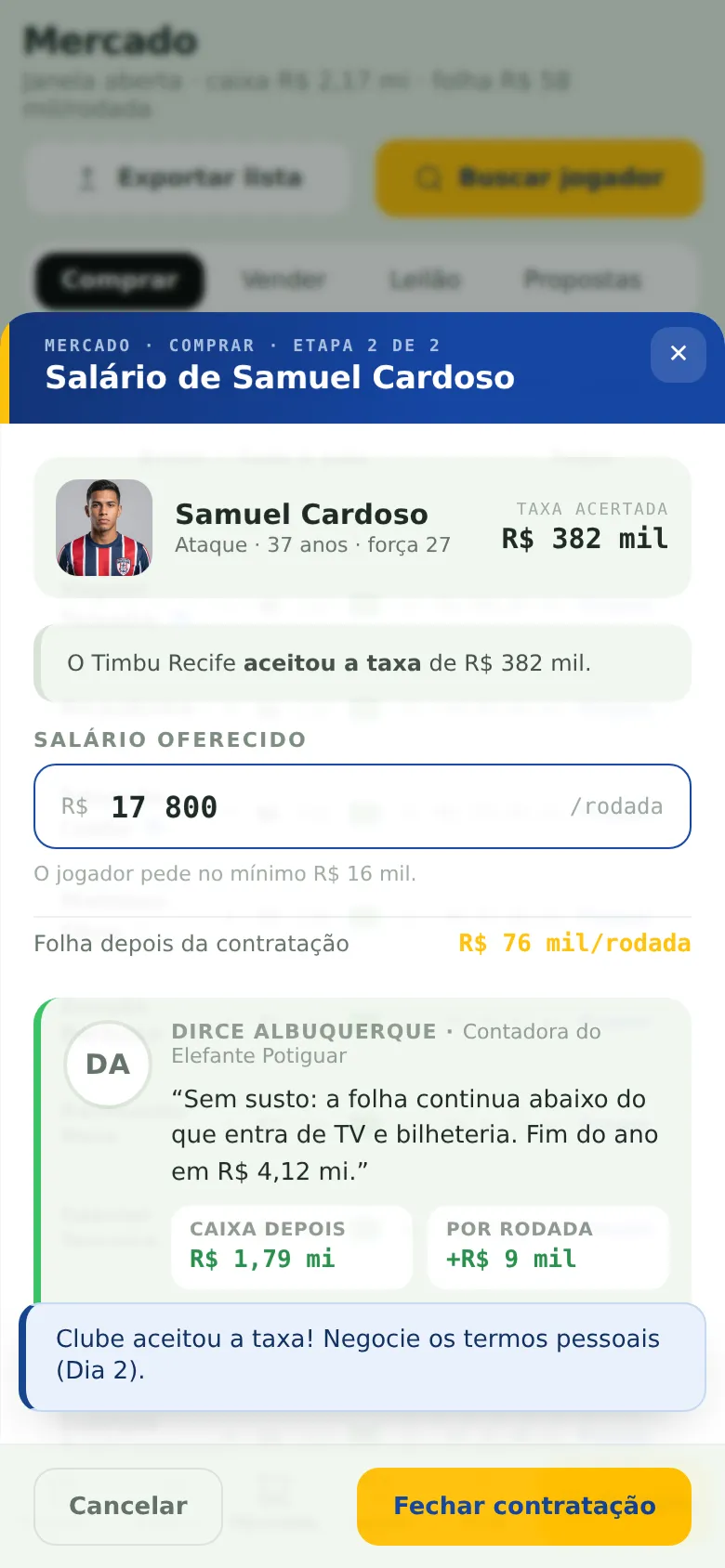 Segunda etapa do fluxo de contratar jogador no RetroFoot, no celular