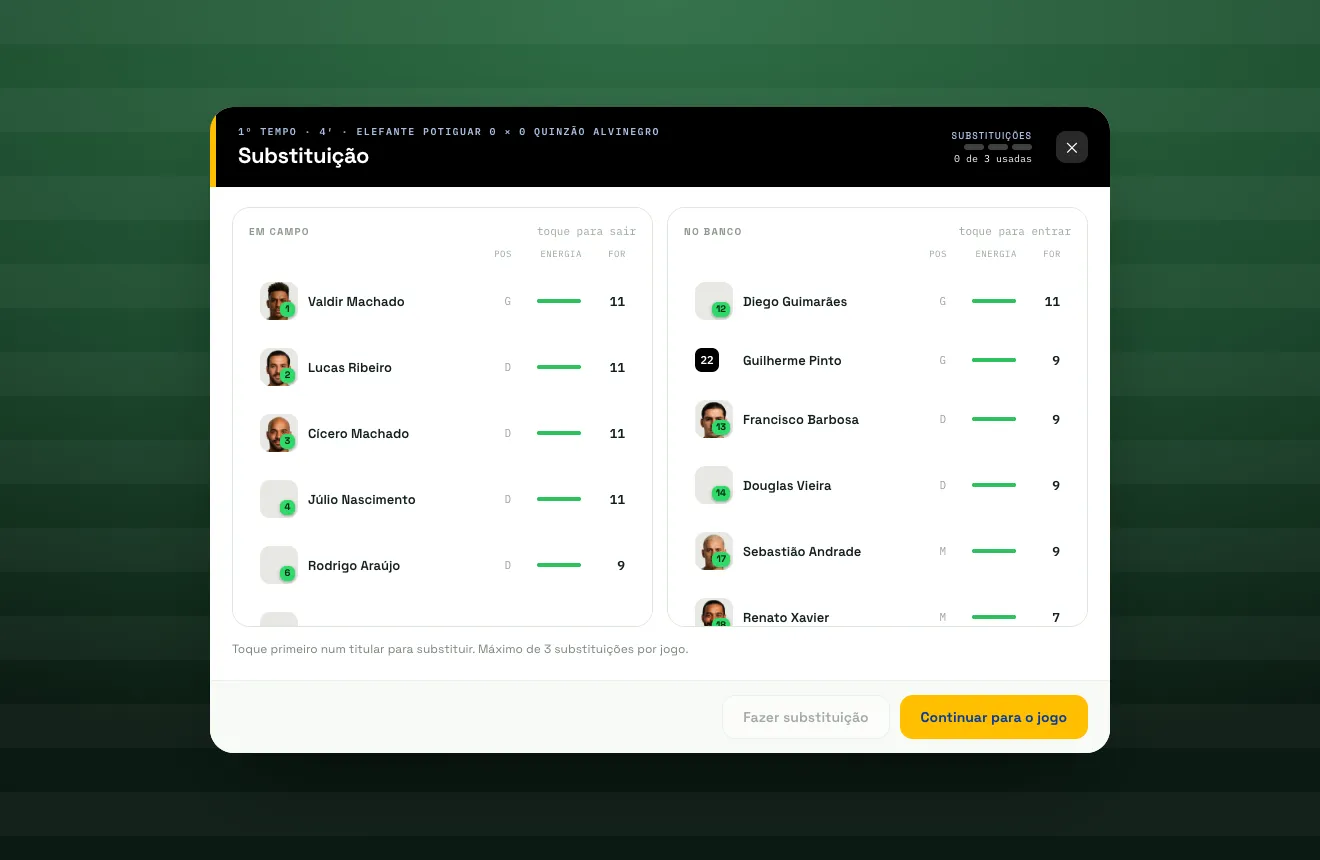 Tela de substituição durante a partida do RetroFoot, com a lista de jogadores do banco para entrar