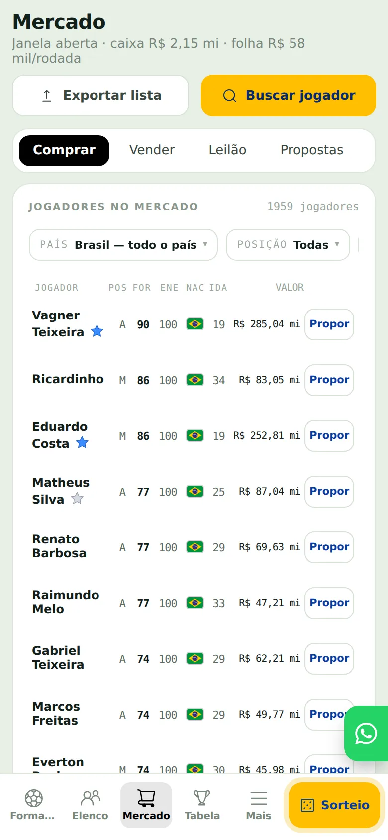 Mercado do RetroFoot no celular com as colunas reorganizadas