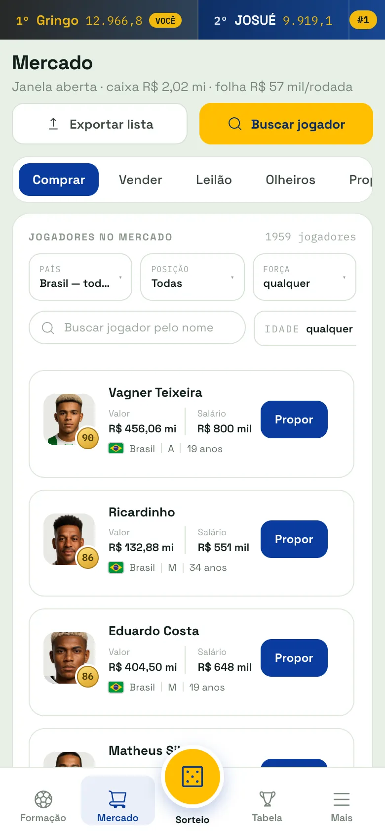 Tela do Mercado do RetroFoot no celular, com a lista de jogadores em cartões que mostram foto, força, valor, salário, bandeira, posição, idade e o botão Propor