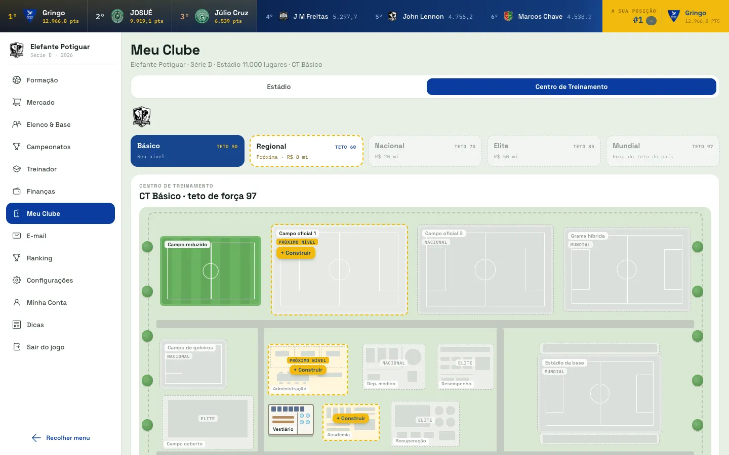 Página Meu Clube do RetroFoot na aba Centro de Treinamento, com os níveis do CT e o mapa de obras com campos, vestiário, academia e departamento médico