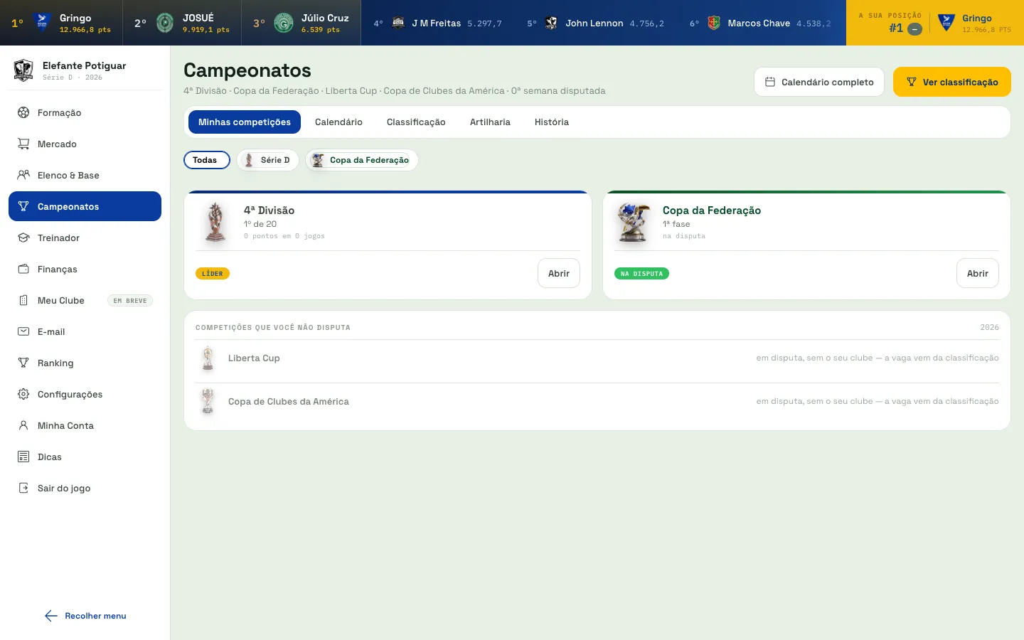 Tela Campeonatos do RetroFoot, aba Minhas competições, com a Série D e a Copa da Federação e as competições que o clube não disputa