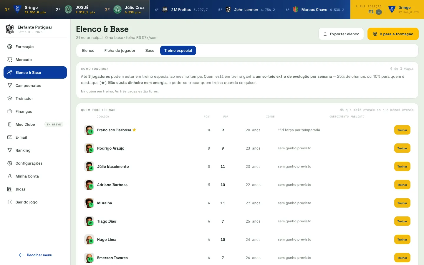 Aba Treino especial da tela Elenco e Base do RetroFoot, explicando o funcionamento do treino e mostrando a lista de jogadores com a previsão de crescimento