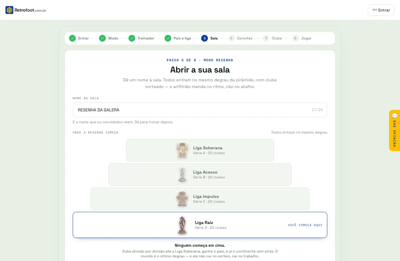 Abrir a sala do Modo Resenha — ela nasce com um código para você repassar